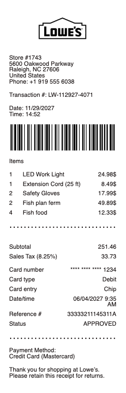 Lowe’s Receipt