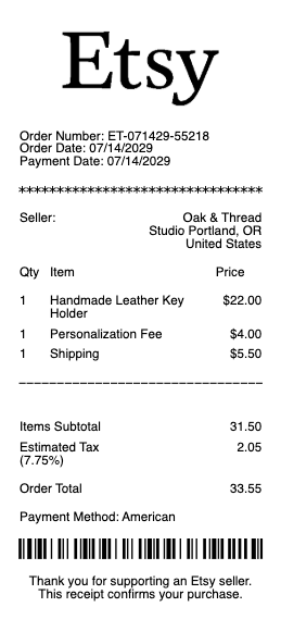 Etsy Receipt