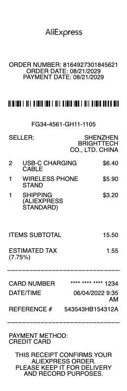 AliExpress Order Receipt