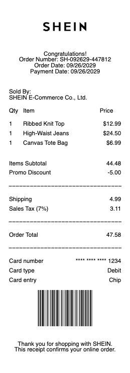 Shein Receipt