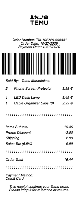 Temu Receipt
