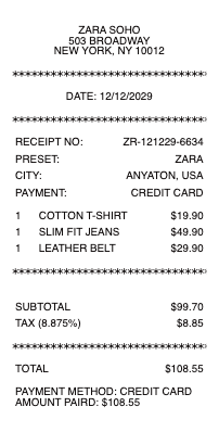 Zara Receipt