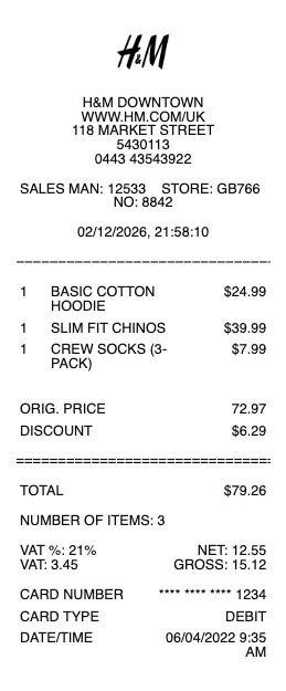 H&M Receipt