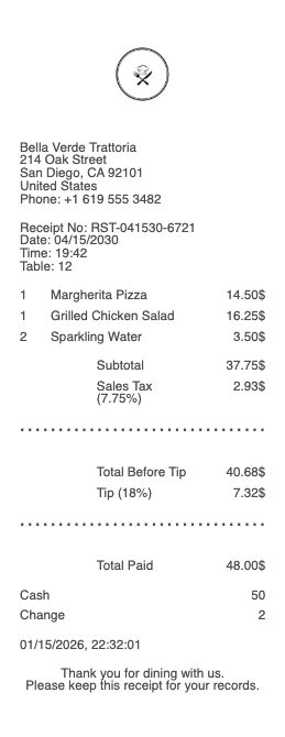 Restaurant Receipt