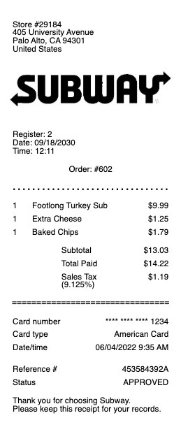 Subway Receipt