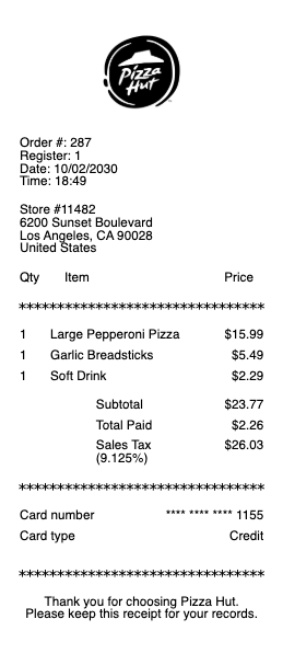 Pizza Hut Receipt