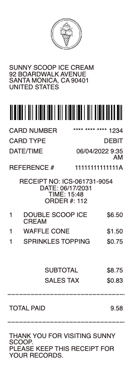 Ice Cream Shop Receipt