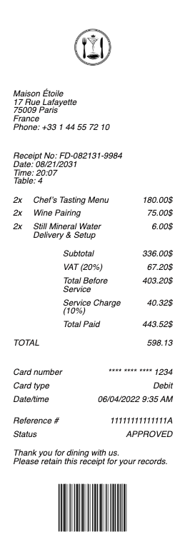 Fine Dining Receipt
