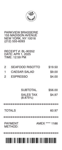 Per Diem Meal Receipt