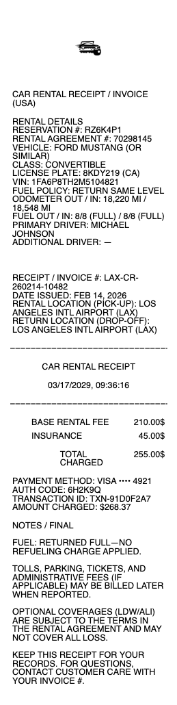 Car Rental Receipt