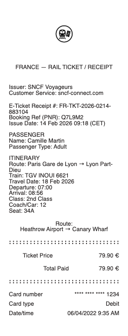 Rail Ticket Receipt