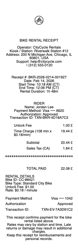 Bike Rental Receipt