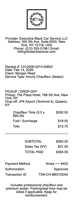 Chauffeur Service Receipt