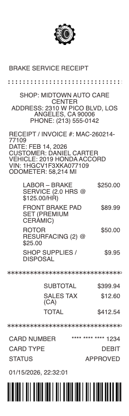 Brake Service Receipt