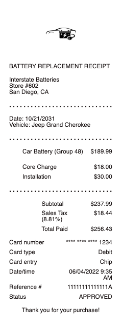Battery Replacement Receipt