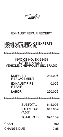 Exhaust Repair Receipt