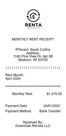 Monthly Rent Receipt