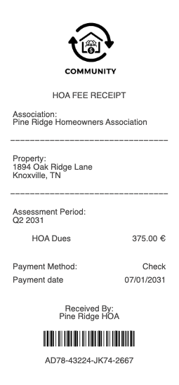 HOA Fee Receipt