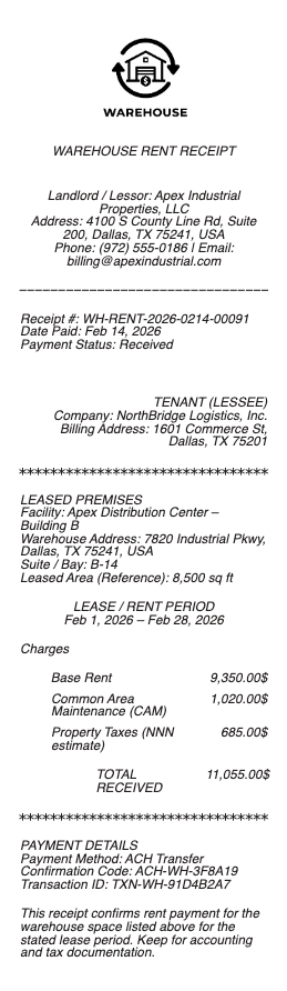 Warehouse Rent Receipt