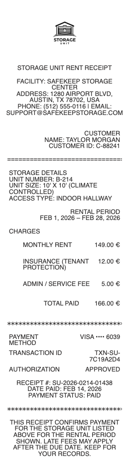 Storage Unit Receipt