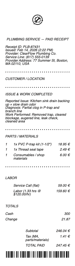 Plumber Receipt