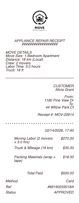 Moving Company Receipt