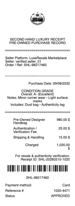 Second Hand Luxury Receipt