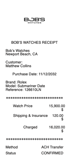 Bob’s Watches Receipt