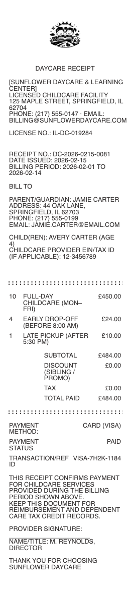 Daycare Receipt