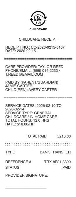 Childcare Receipt