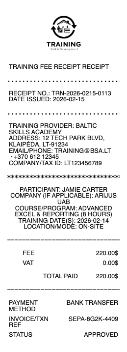 Training Fee Receipt