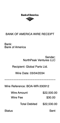 Bank of America Wire Transfer Receipt
