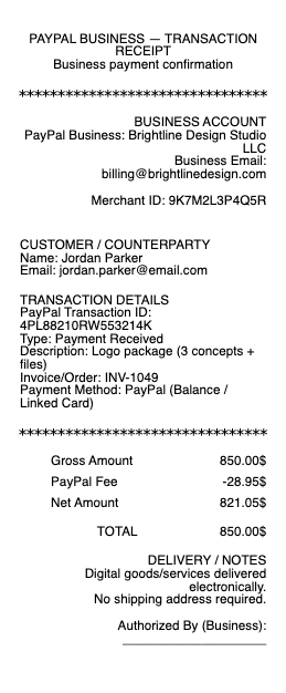 PayPal Business Receipt