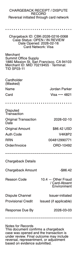 Chargeback Receipt