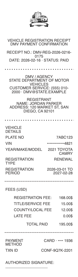 Vehicle Registration Receipt