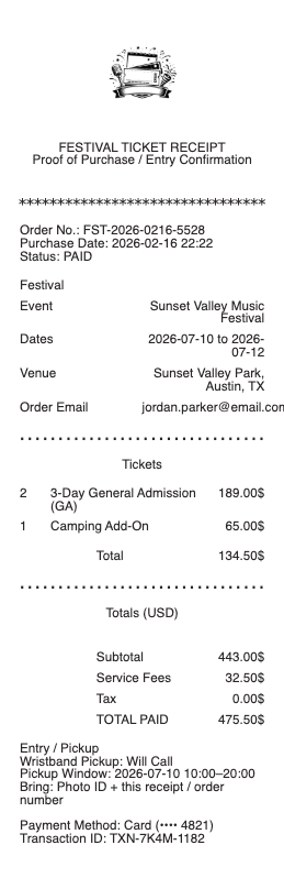 Festival Ticket Receipt