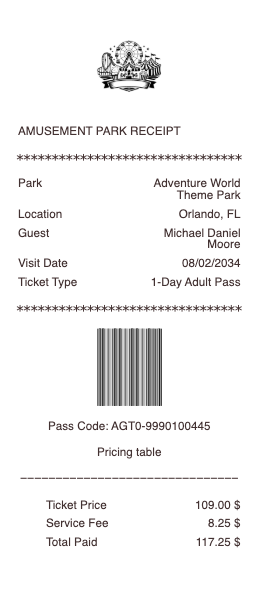 Amusement Park Receipt