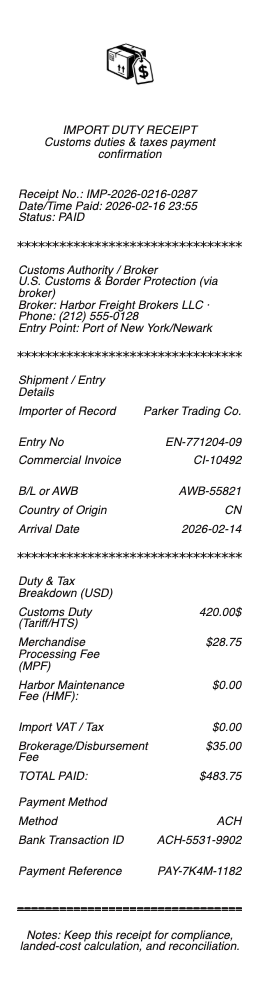 Import Duty Receipt