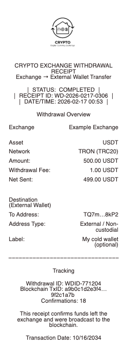 Crypto Exchange Withdrawal Receipt
