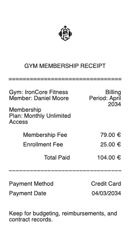 Gym Membership Receipt