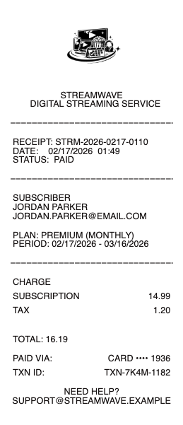 Streaming Subscription Receipt