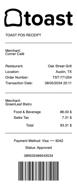Toast POS Receipt