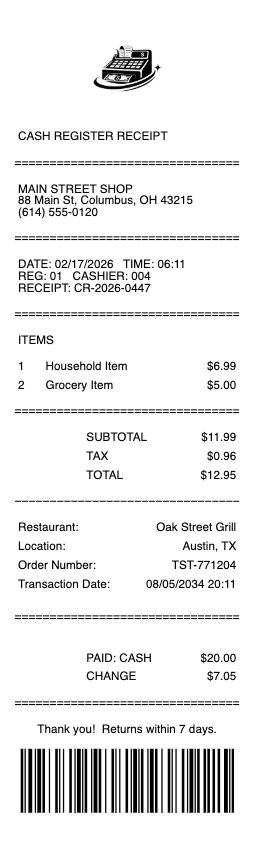 Cash Register Receipt