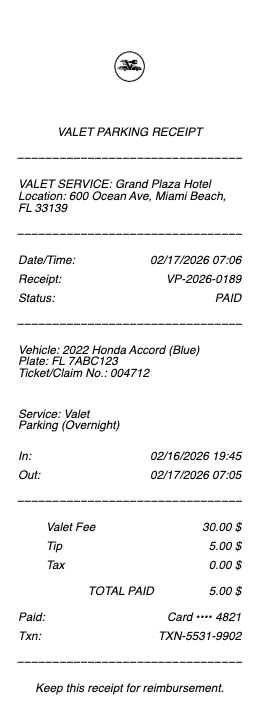 Valet Parking Receipt