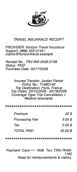 Travel Insurance Receipt