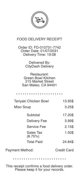 Food Delivery Receipt