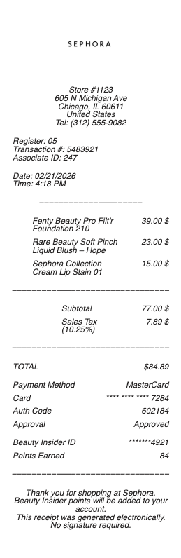 Sephora Receipt