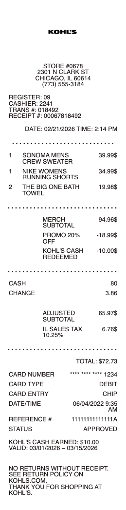 Kohl’s receipt